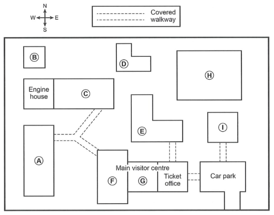 Map of Melby Coal Mine with buildings labelled A to I